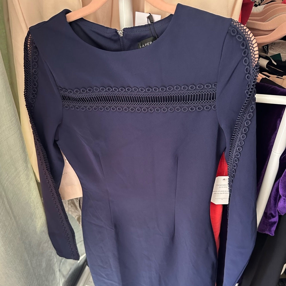 Little Mistress Paperdolls Navy Long Sleeve Dress with Lace Detail​
